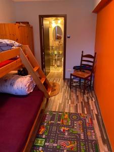 a bedroom with a bunk bed and a chair and a rug at Oasis House in Hunedoara