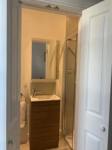 uma casa de banho com um lavatório e um chuveiro em Beautiful one bedroom flat in the heart of Notting Hill Gate em Londres