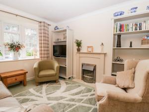 a living room with a couch and a fireplace at 5 Wye Rapid Cottages in Ross on Wye