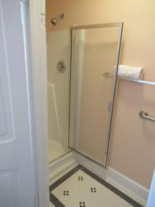 RutherfordtonCarrier Houses Bed & Breakfast的浴室里有玻璃门的淋浴间