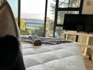 Bett in einem Zimmer mit einem großen Fenster in der Unterkunft The Point of View Cabin in Johannesburg
