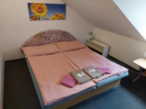 1 dormitorio con 1 cama con 2 almohadas en Pension U Soudu, en Český Krumlov