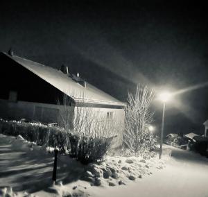 a house is covered in snow at night with a street light at Apartement Willingen in Stryck
