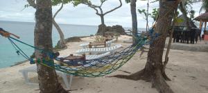 安達的住宿－Anda Poseidon’s Beach Resort，海滩上两棵树上挂着的吊床