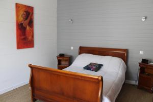 1 dormitorio con 1 cama y una pintura en la pared en La Bastide de Margoline en Lagrasse