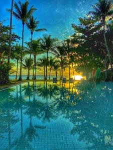 une piscine bordée de palmiers et une aire de jeux dans l'établissement Siargao Island Villas, à General Luna