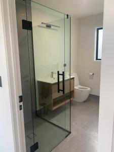 La salle de bains est pourvue d'une douche en verre et d'un lavabo. dans l'établissement Central One Bedroom Studio, à Claudelands