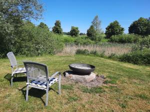 twee stoelen en een vuurplaats in het gras bij Ferienwohnung Auszeit Objekt ID 13178-9 in Waren