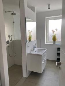 a white bathroom with a sink and a shower at Appartments Eutiner Seepark in Eutin