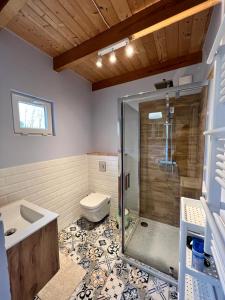 La salle de bains est pourvue d'une douche, de toilettes et d'un lavabo. dans l'établissement Zaciszne Domki Apartamenty, à Międzyzdroje