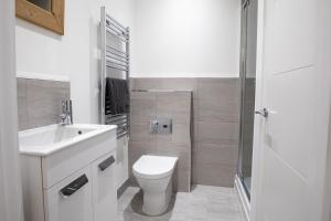 a bathroom with a toilet and a sink and a shower at Courtyard Retreat in Southampton