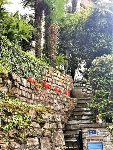 una scala in pietra con palme e un muro in pietra di Casa le palme -Montagnola a Collina d'Oro