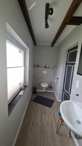 baño con lavabo y aseo y ventana en Tiny House Südliches Friesland-FRI Natur erleben, en Bockhorn