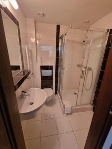 a bathroom with a shower and a sink and a toilet at Apartament Perła A20 nad jeziorem Pluszne in Olsztynek