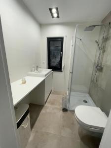 W łazience znajduje się toaleta z umywalką i prysznic. w obiekcie Dom nad jeziorem obok Uniejowa w mieście Przykona