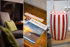 a collage of pictures of a table with a book and a vase at Shrimp Cottage in St Ives