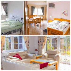 a collage of photos of a bedroom and a living room at Heidehof Jungemann in Bispingen