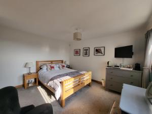 a bedroom with a bed and a dresser with a television at Bay and Bridge in Dunfermline