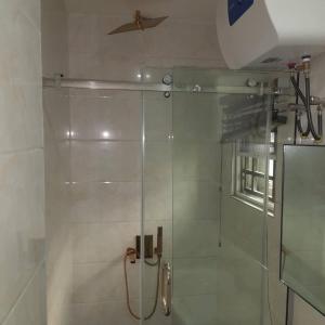 a shower with a glass door with a ceiling fan at Zucchini Hotel and apartments in Umueme
