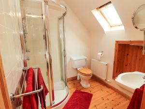 un bagno con doccia, WC e lavandino di Fraoch a Waterville