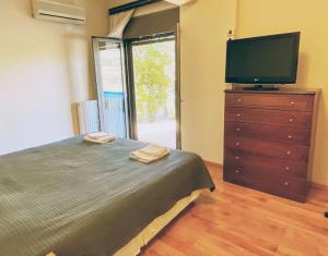 a bedroom with a bed and a dresser with a television at Summer house with a pool near sea, port & airport in Rafina