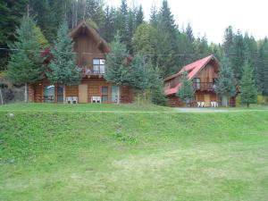 a large log cabin with chairs in front of it at Helmcken Falls Lodge Cabin Rooms and RV Park in Clearwater