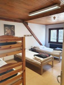 a room with three bunk beds in a room at Centre de vacances Les Myrtilles in Saint-Colomban-des-Villards