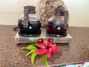 two bottles of syrup and a flower on a counter at Calou Guest House in La Digue