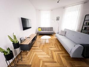 una sala de estar con un sofá y una mesa en ✪ FirstClass-Apartment in Leipzig-Gohlis ✪, en Leipzig