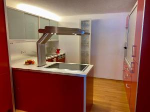 eine Küche mit einem Waschbecken in einer rot-weißen Küche in der Unterkunft Am Romberg in Dornbirn
