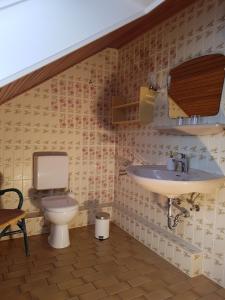 y baño con lavabo y aseo. en Ferienwohnung Vogelsang, en Undeloh