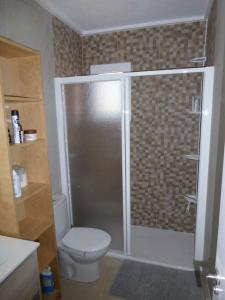 a bathroom with a shower with a toilet and a sink at Maison rénovée à 250m de la mer in Santiago de la Ribera