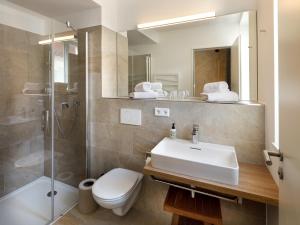 a bathroom with a sink and a toilet and a shower at Hotel Das Regensburg in Regensburg