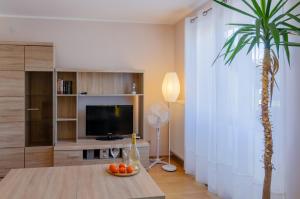 a living room with a table and a tv and a palm tree at Holiday Home Neptun 12 dwupoziomowy, 2 łazienki, 2 sypialnie, balkon in Międzyzdroje