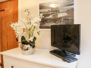 a tv on a cabinet with flowers and a vase at Black Gem Cottage in Whitby