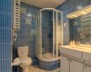 a blue tiled bathroom with a toilet and a shower at Holiday Home Neptun in Międzyzdroje