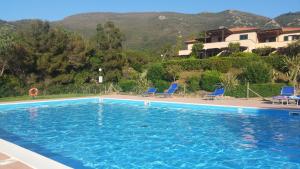 a swimming pool with blue chairs and a house at Elbamare residence con piscina in Nisporto