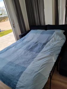 een bed met een blauw dekbed voor een raam bij Vakantie vieren aan het Sneekermeer in Offingawier