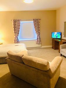 a living room with a couch and a television at Seven Oaks B&B in Ballyhaunis