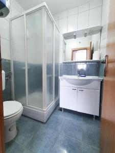 a bathroom with a shower and a sink and a toilet at Apartments Prajo, Orebić in Orebić +33 photos