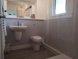 a bathroom with a toilet and a sink and a mirror at Eastcliff Escape Folkestone in Folkestone