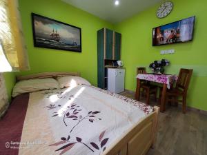 - une chambre avec des murs verts, un lit et une table dans l'établissement Willa u Damiana - pokoje noclegi nad morzem, à Mielno
