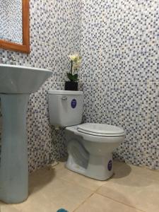 a bathroom with a toilet and a sink at Hilamito Lodge in Tela