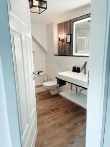 a bathroom with a toilet and a sink and a mirror at Suite Living Boardinghouse Apartments in Gießen