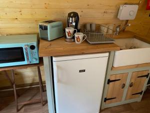 a kitchen with a counter with a microwave and a refrigerator at Pinkys Pod at Rock Lodge in Alnwick