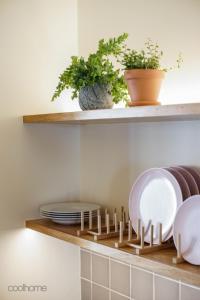a kitchen shelf with plates and plants on it at 14 Calçada de Santiago in Vila do Conde