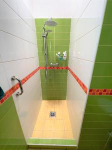 y baño verde y blanco con ducha. en Villa Bagolyvár, en Balatonszemes