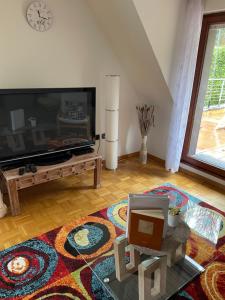 a living room with a large flat screen tv at Ferienwohnung am Waldrand mit Dachterrasse in Wetter