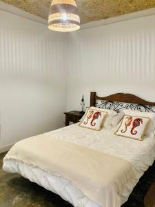 una camera con un letto con due cuscini sopra di Casa Dora: Tradicional y al borde del mar. a Poris de Abona