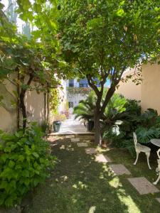 a garden with a tree and a bench in a yard at Casa Palacio Ánima in Jerez de la Frontera
